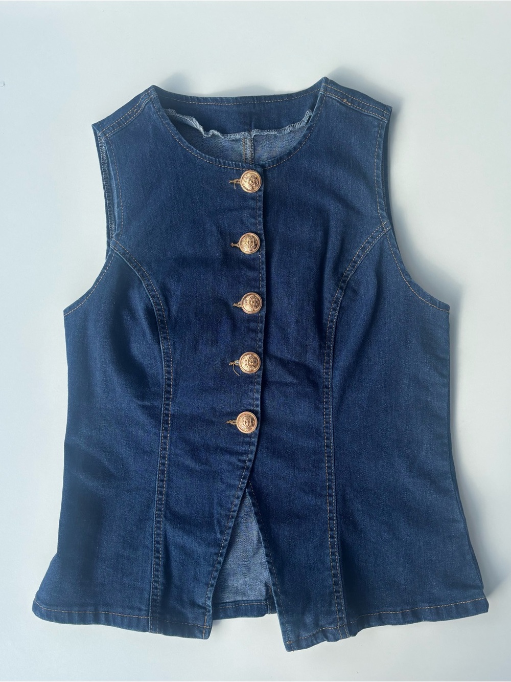 Dark Wash Denim Sleeveless Vest Top Gold Crest Buttons M